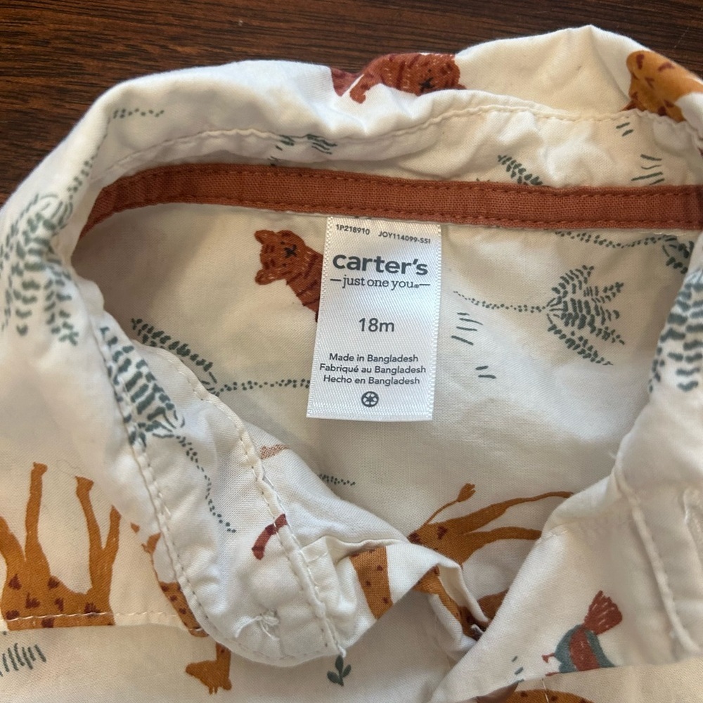 Carter's Cream Button-Down Shirt with Brown Giraffe Print - Picture 2 of 2
